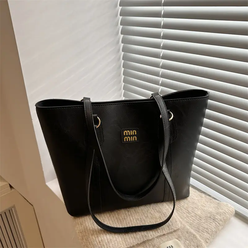 Black PU Leather Women's Shoulder Bag with Gold Logo - Image 6