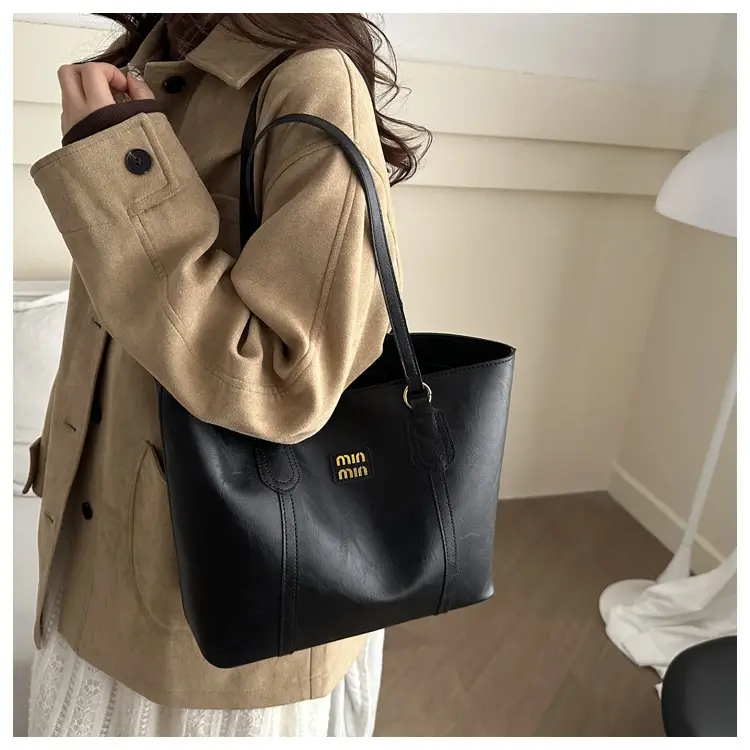 Black PU Leather Women's Shoulder Bag with Gold Logo β feature 8