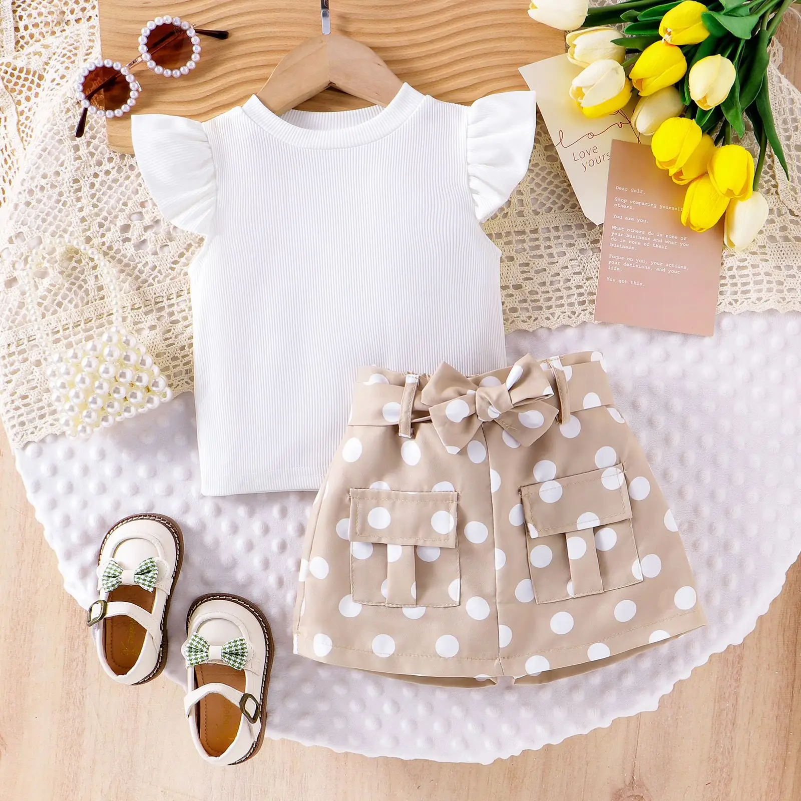 Women's 3-Piece Polka Dot Suit White Belt Shorts Set - Image 2