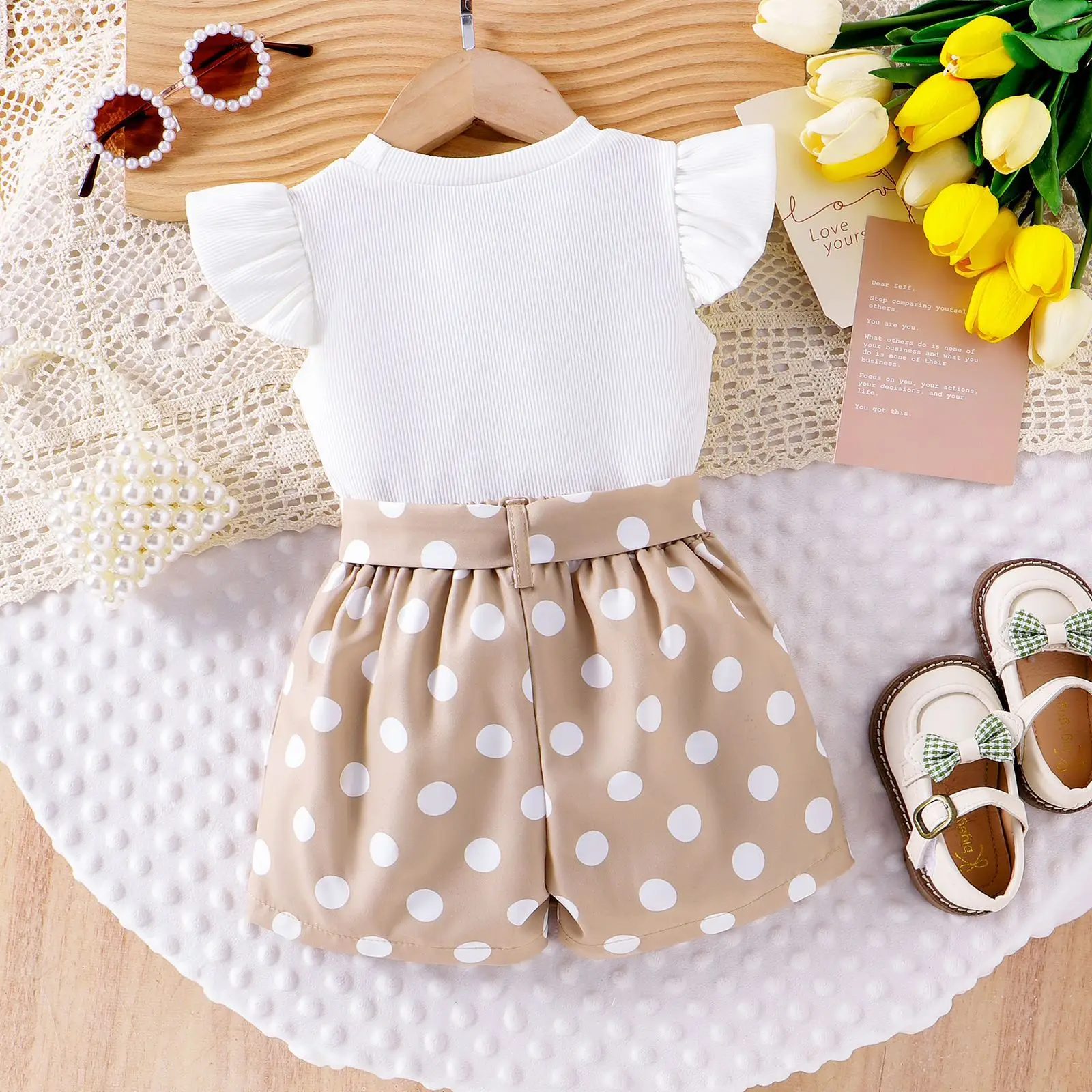 Women's 3-Piece Polka Dot Suit White Belt Shorts Set - Image 3