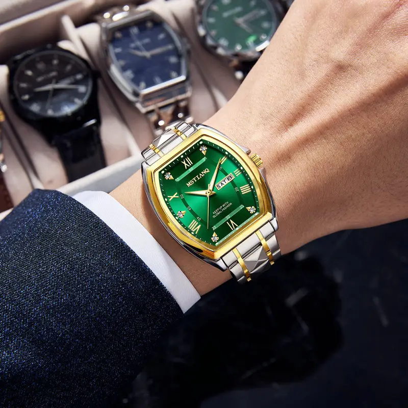 Men's Green Luminous Quartz Watch with Calendar