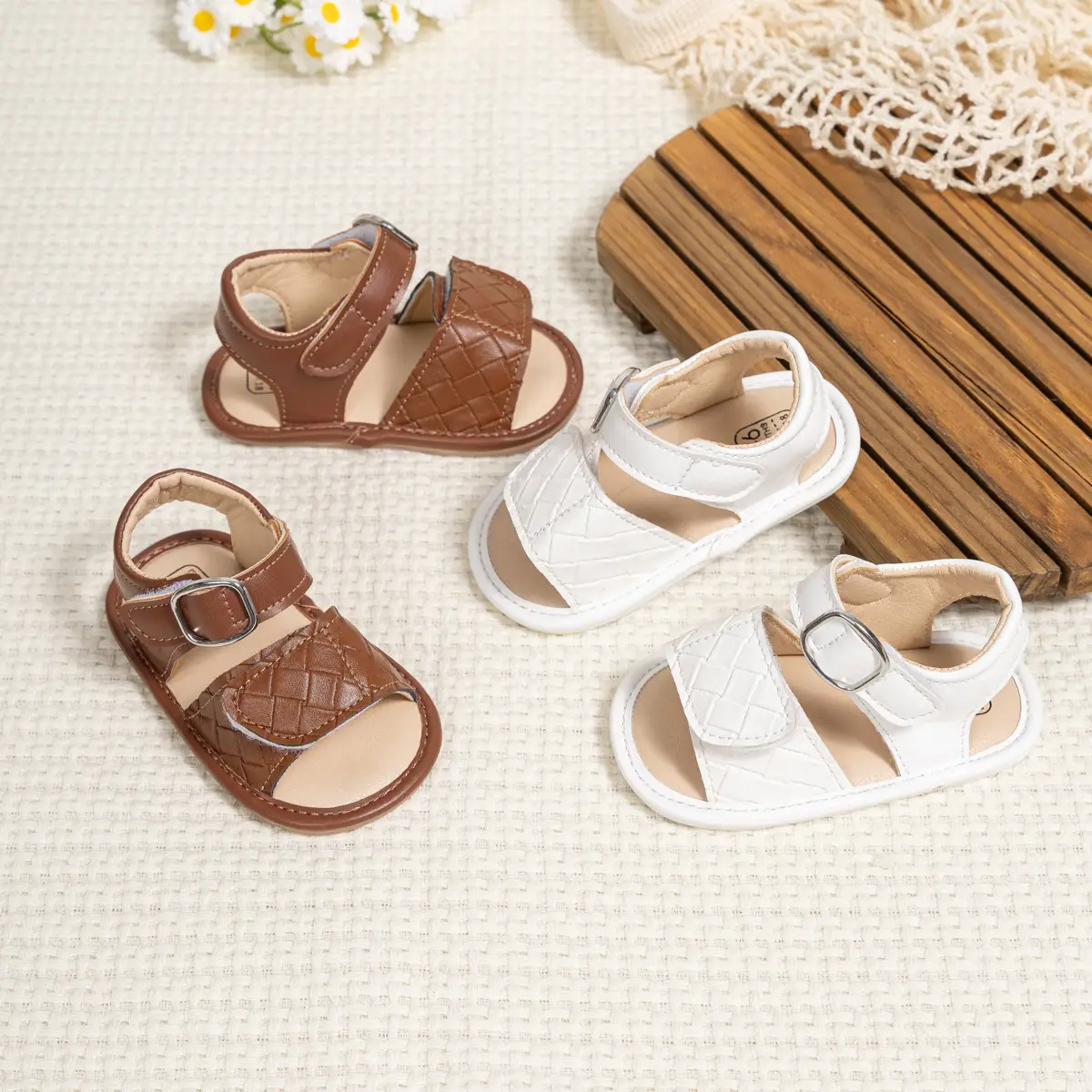 Baby Velcro Sandals Brown White Toddler Shoes — feature 4