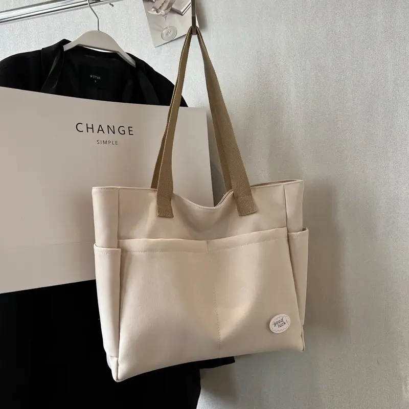 Women's Canvas Shoulder Bag Large Capacity Beige - Image 4