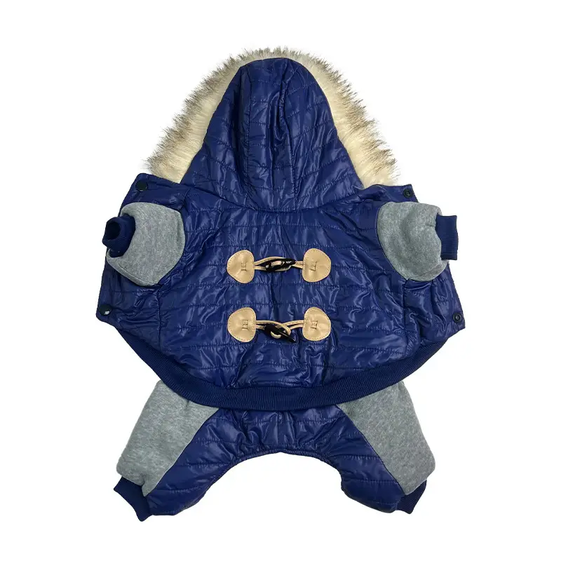 Dark Blue Quilted Dog Coat with Buckle & Four-Leg Design