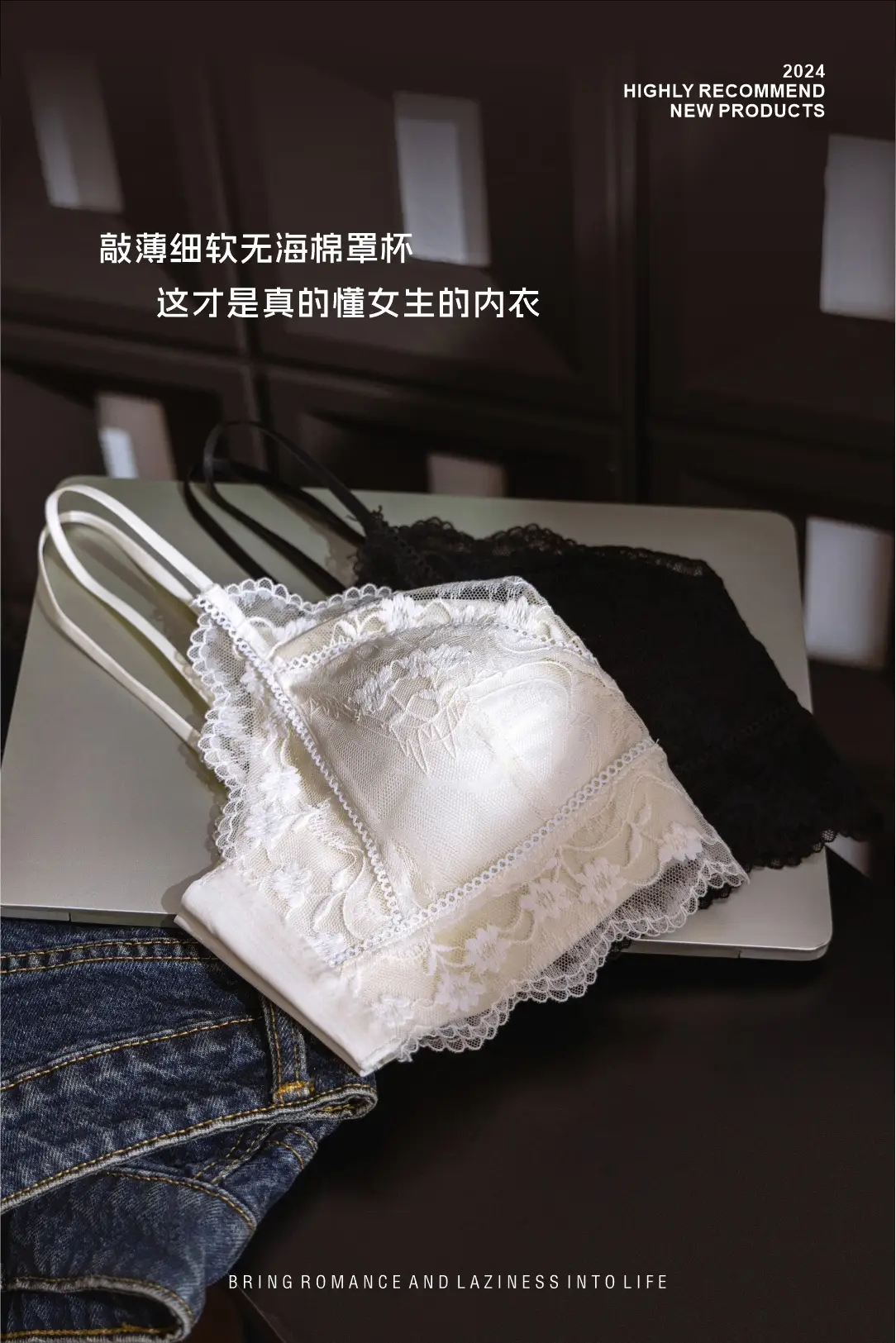 Lace Triangle Cup Bra White Black Pink French Style — feature 13