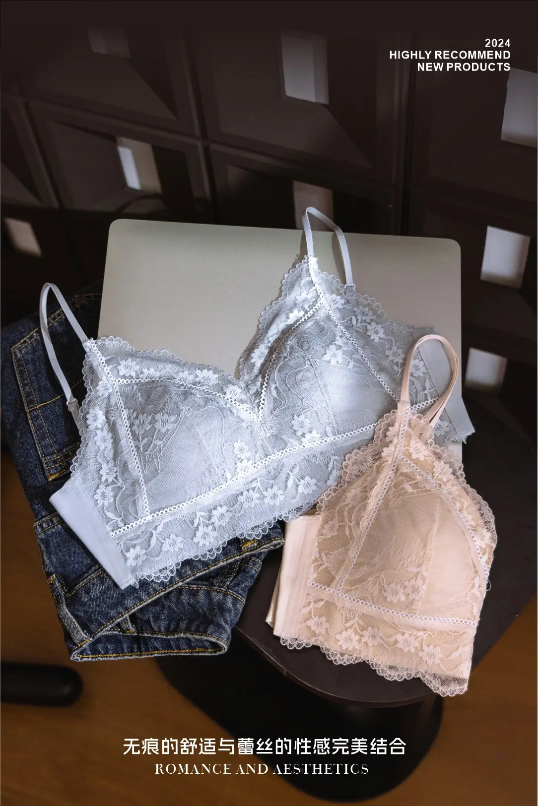 Lace Triangle Cup Bra White Black Pink French Style — feature 4