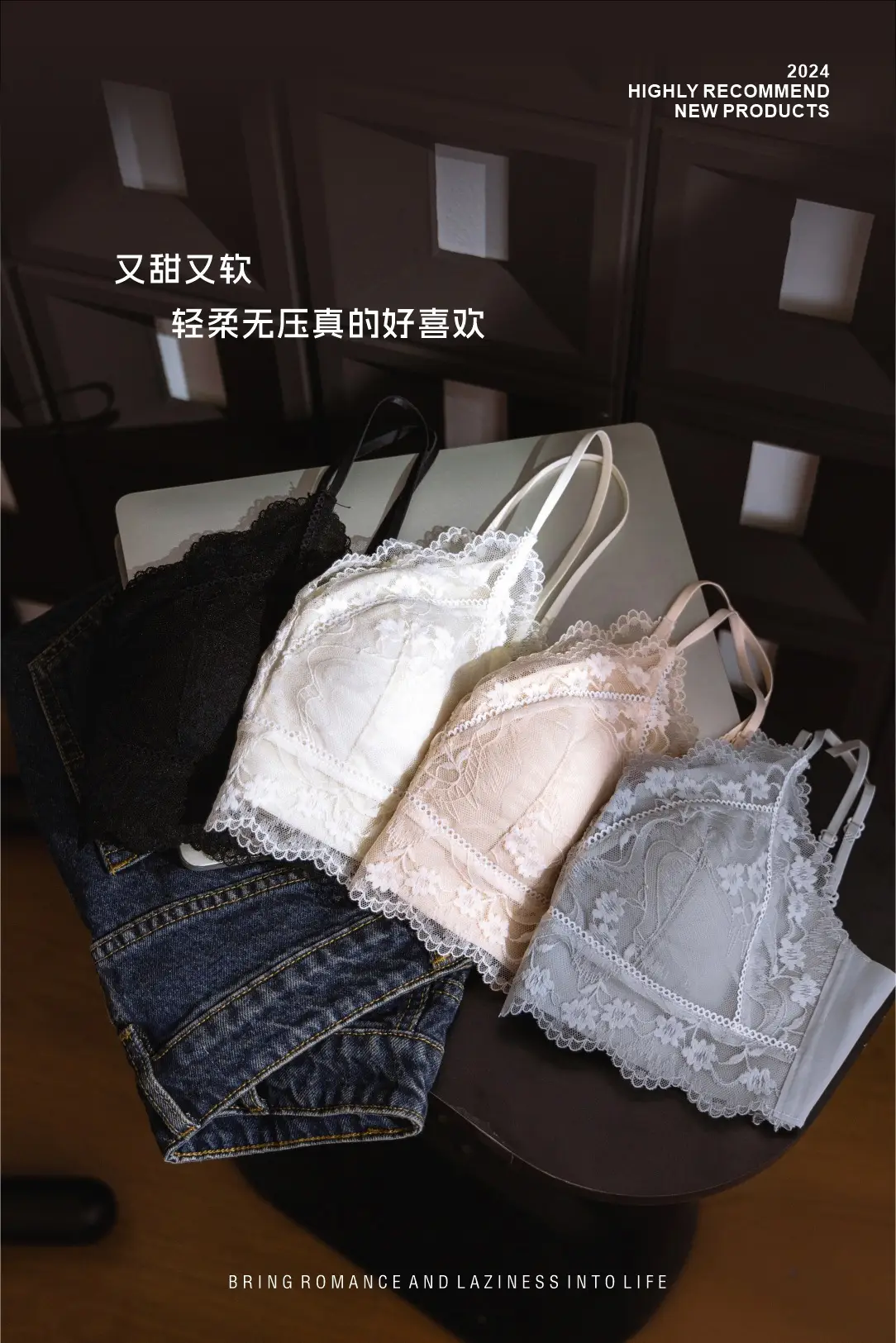 Lace Triangle Cup Bra White Black Pink French Style — feature 7