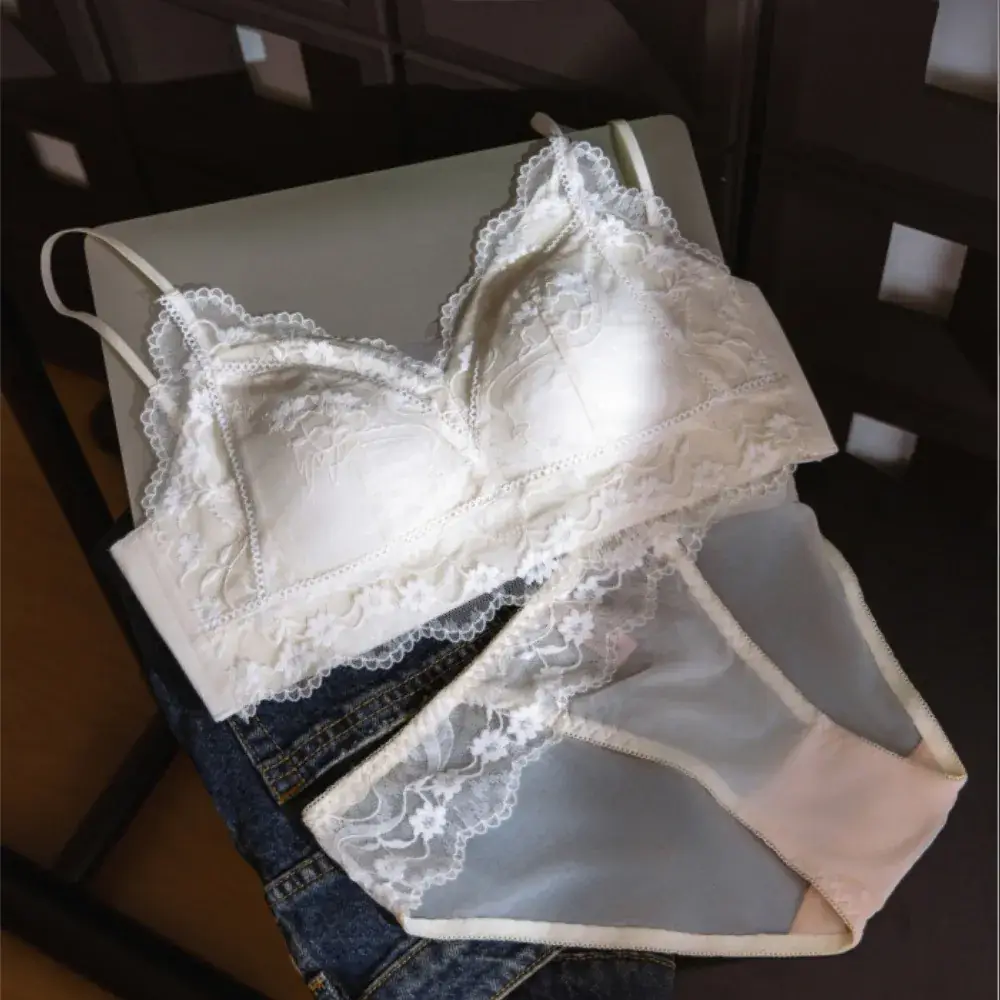 Lace Triangle Cup Bra White Black Pink French Style - Image 2