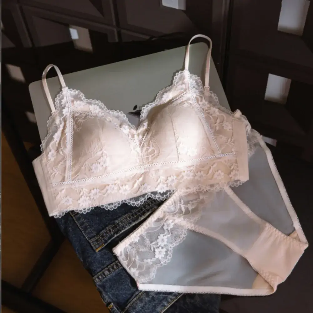 Lace Triangle Cup Bra White Black Pink French Style - Image 3