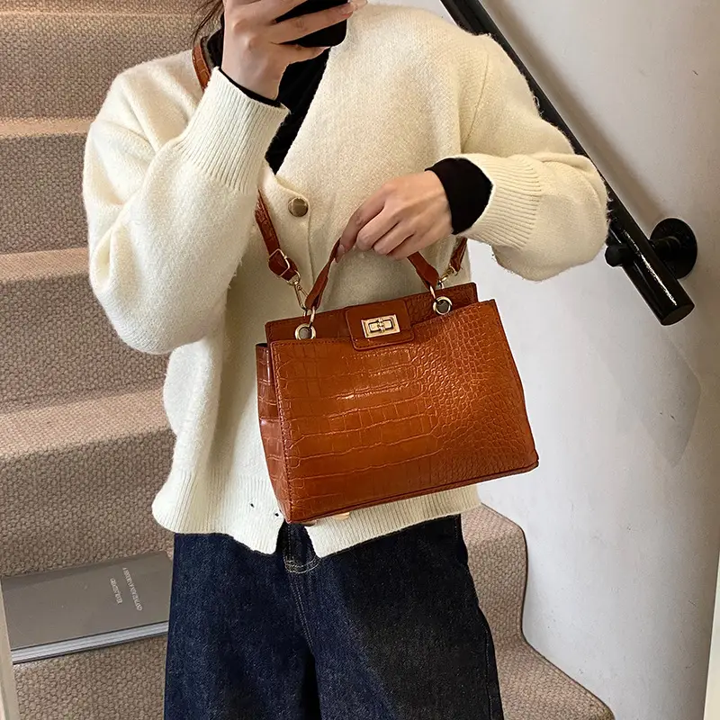 Brown Croc Leather Shoulder Bag for Women - Image 7