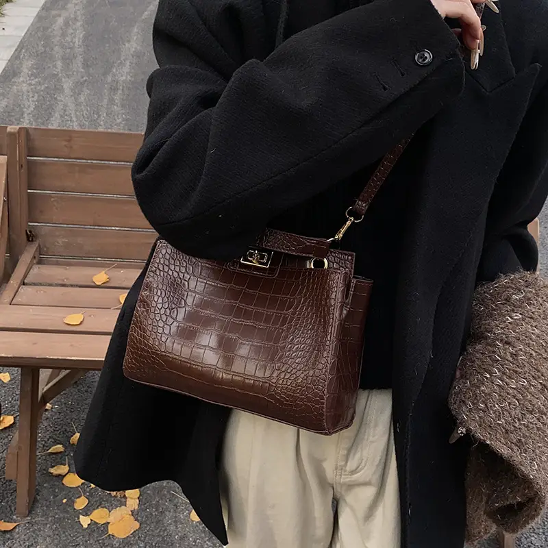 Brown Croc Leather Shoulder Bag for Women - Image 8