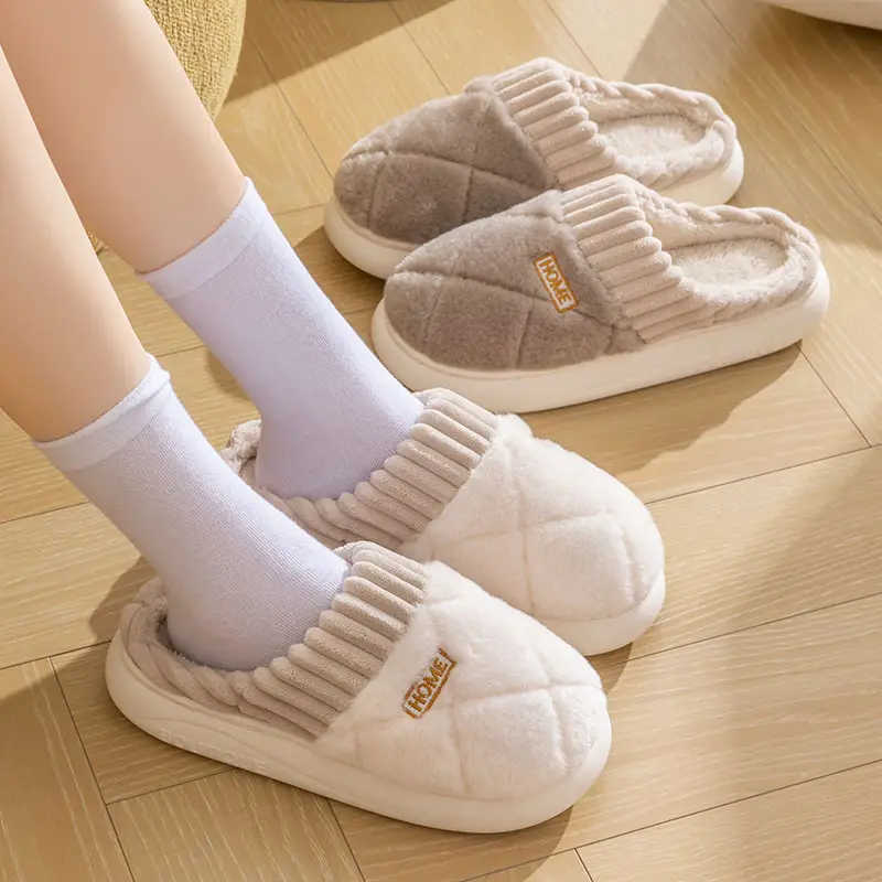 New fleece-lined thickened cotton slippers ladies autumn and winter home warm non-slip couple floor wool slippers wear wholesale - Image 8