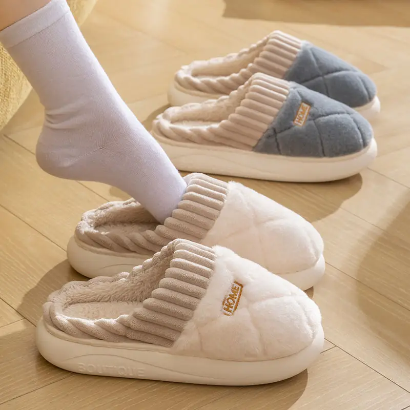 New fleece-lined thickened cotton slippers ladies autumn and winter home warm non-slip couple floor wool slippers wear wholesale - Image 9
