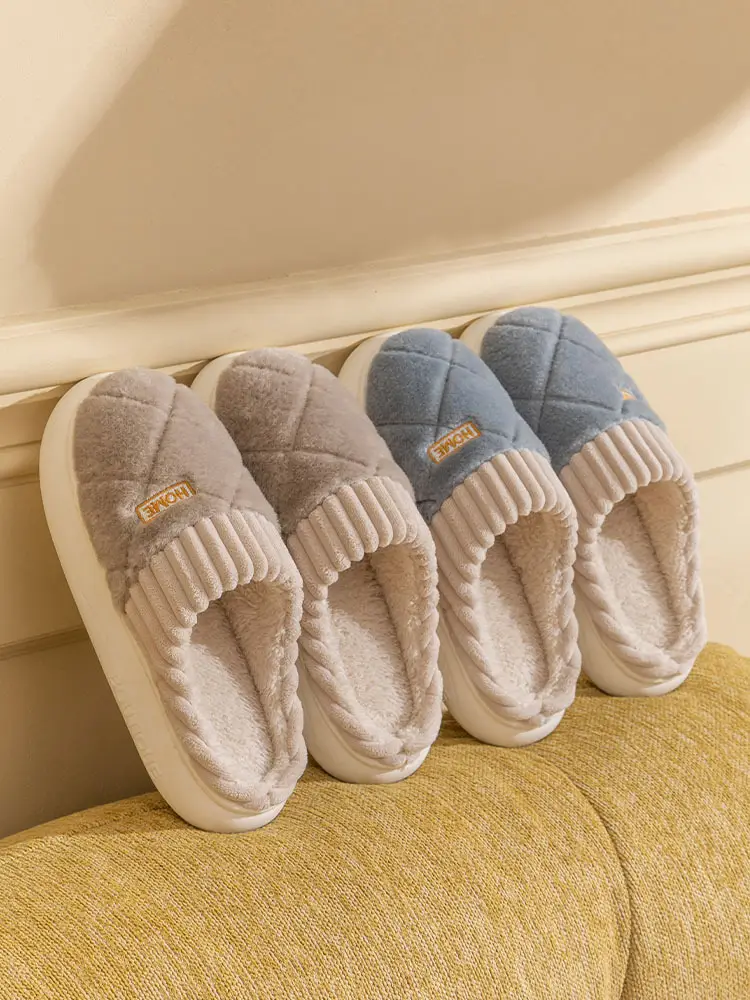 New fleece-lined thickened cotton slippers ladies autumn and winter home warm non-slip couple floor wool slippers wear wholesale — feature 21