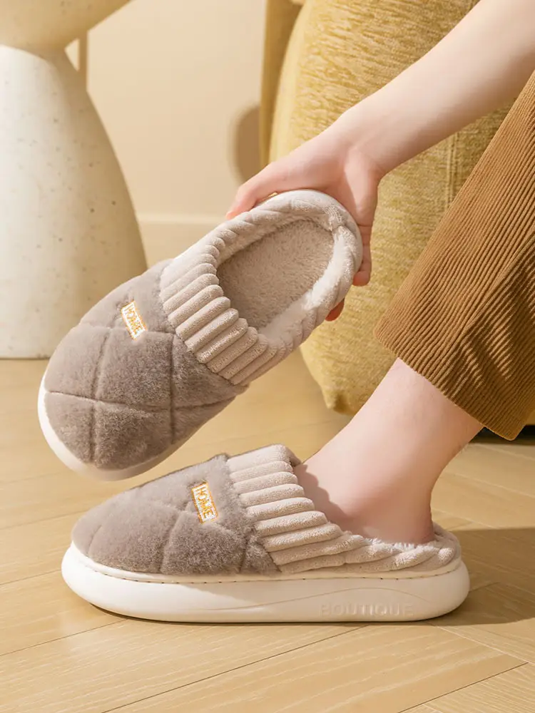 New fleece-lined thickened cotton slippers ladies autumn and winter home warm non-slip couple floor wool slippers wear wholesale — feature 22