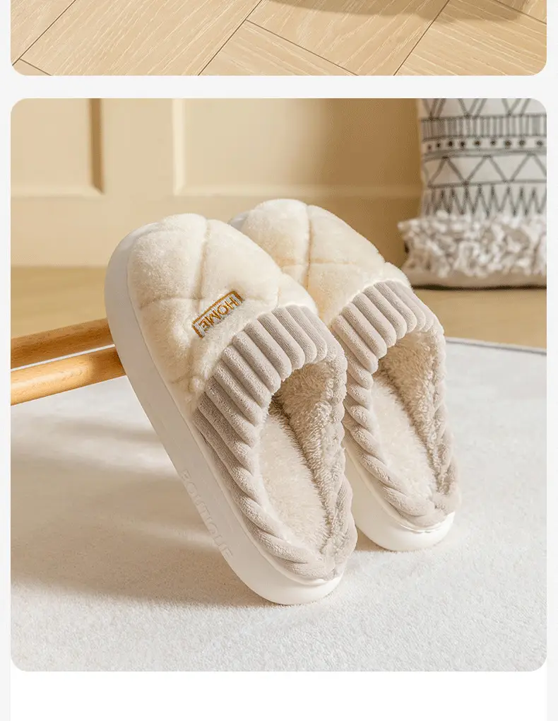 New fleece-lined thickened cotton slippers ladies autumn and winter home warm non-slip couple floor wool slippers wear wholesale — feature 3