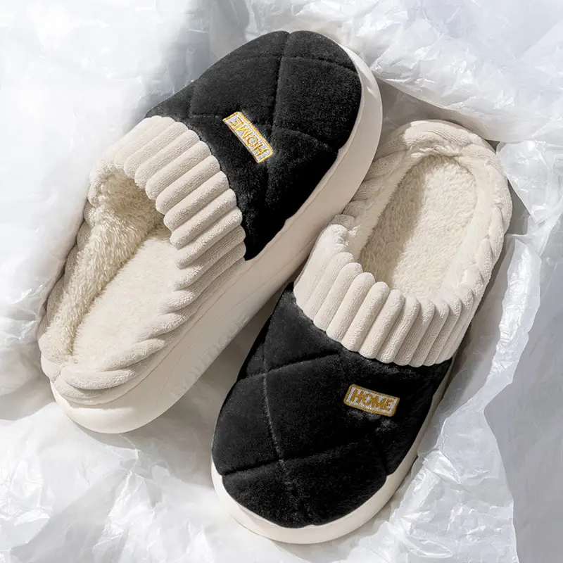 New fleece-lined thickened cotton slippers ladies autumn and winter home warm non-slip couple floor wool slippers wear wholesale - Image 3