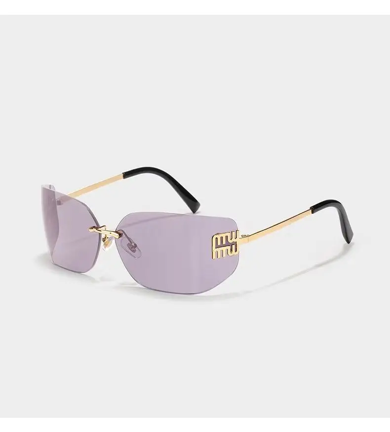 Women's Purple Frameless Sunglasses with Gold Metal Details - Image 3