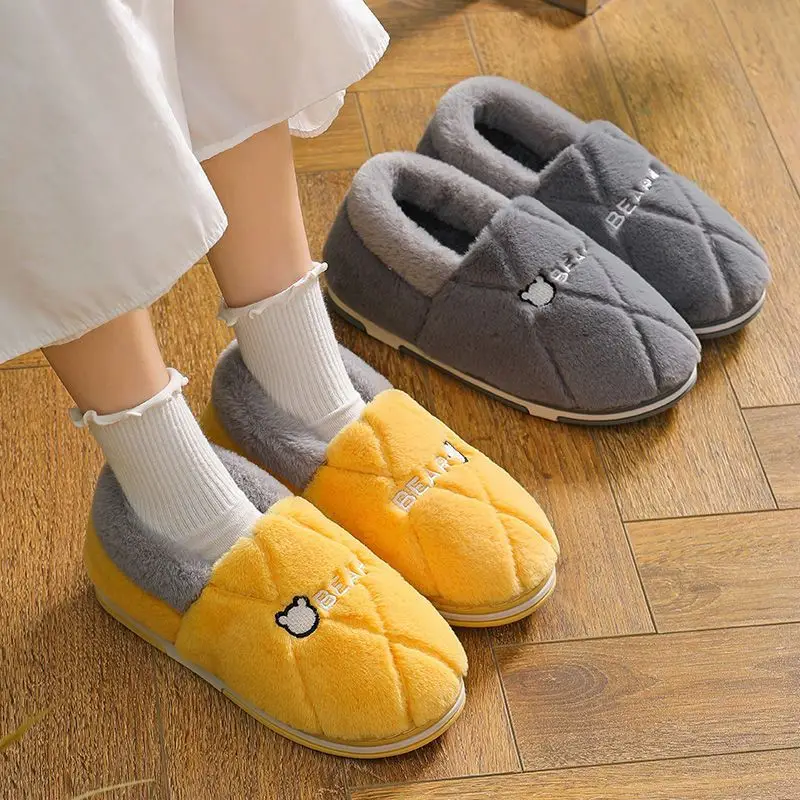 Women's Cotton Slippers for Winter Home Use, Indoor Plush Non-Slip Warm Slippers for Couples, Winter Closed-Back Cotton Shoes, Plush Men's Slippers