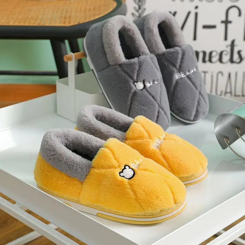Women's Cotton Slippers for Winter Home Use, Indoor Plush Non-Slip Warm Slippers for Couples, Winter Closed-Back Cotton Shoes, Plush Men's Slippers