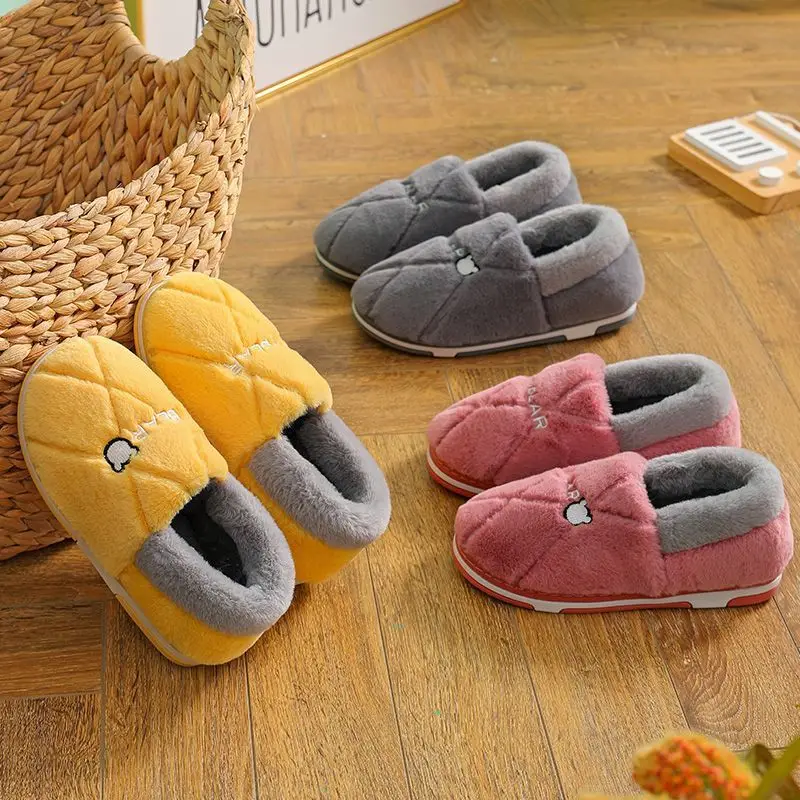 Women's Cotton Slippers for Winter Home Use, Indoor Plush Non-Slip Warm Slippers for Couples, Winter Closed-Back Cotton Shoes, Plush Men's Slippers