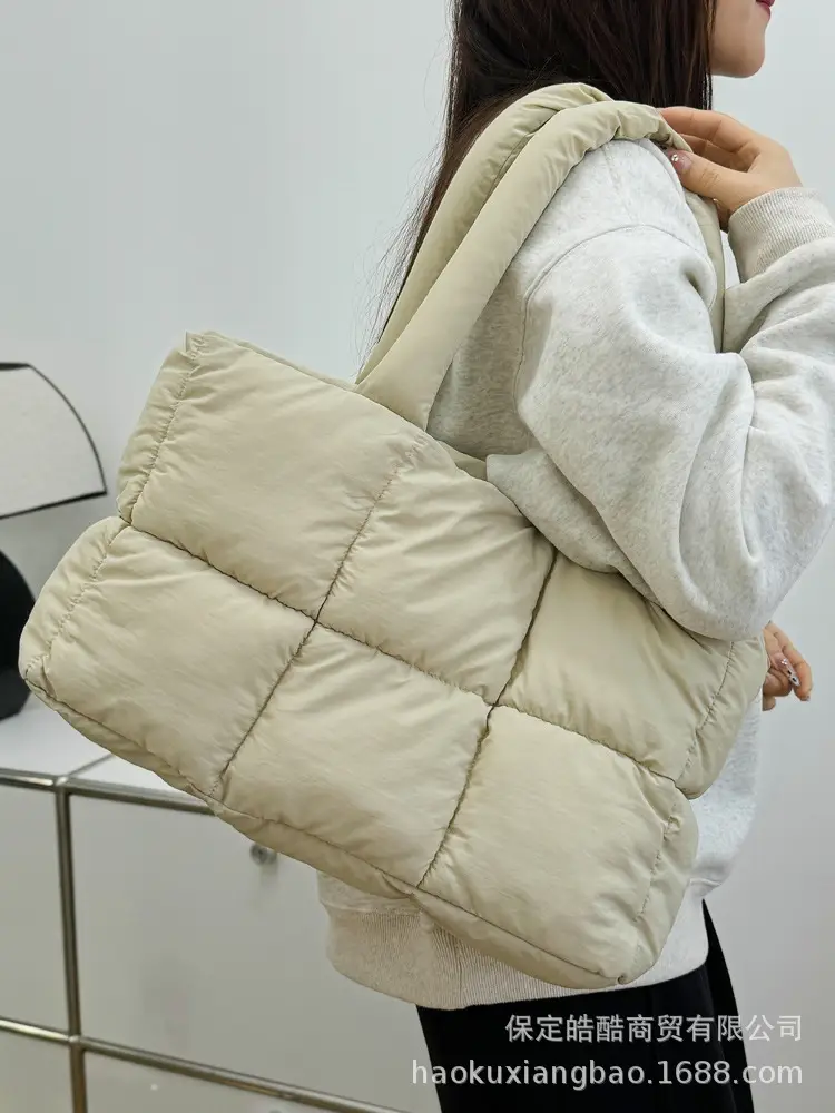 Women Cotton Puffer Shoulder Bag Cream 2024 - Image 15