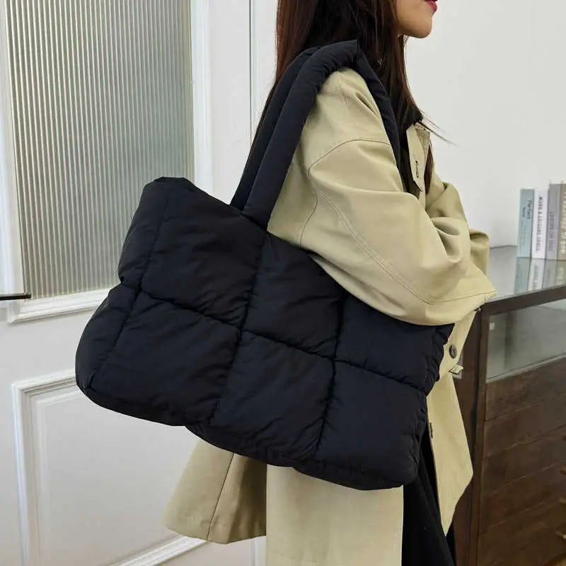 Women Cotton Puffer Shoulder Bag Cream 2024 - Image 2