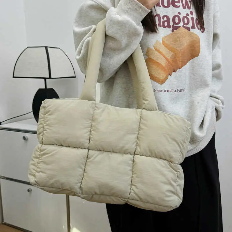 Women Cotton Puffer Shoulder Bag Cream 2024 - Image 3