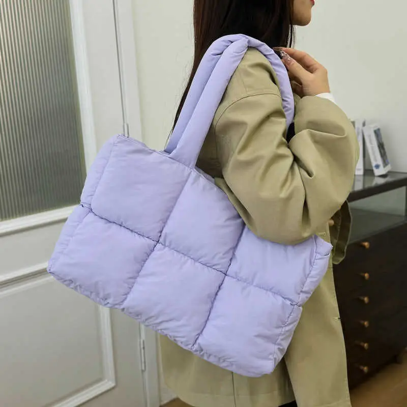 Women Cotton Puffer Shoulder Bag Cream 2024 - Image 8