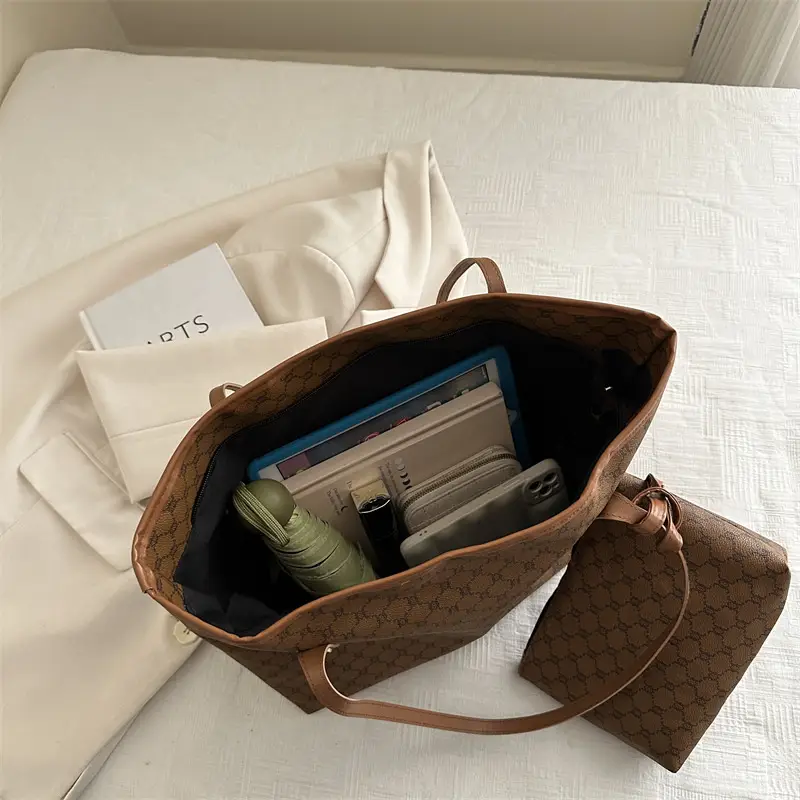 Women's Brown Textured Shoulder Tote Bag Set Winter 2024 - Image 7