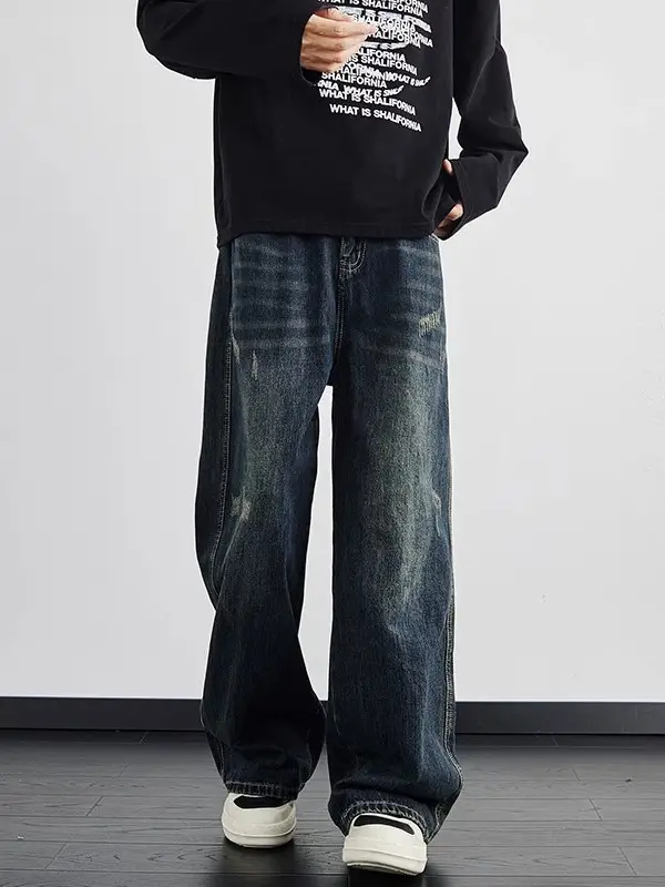 Dark Blue Wide Leg Jeans Men's Autumn Winter