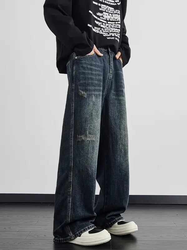 Dark Blue Wide Leg Jeans Men's Autumn Winter