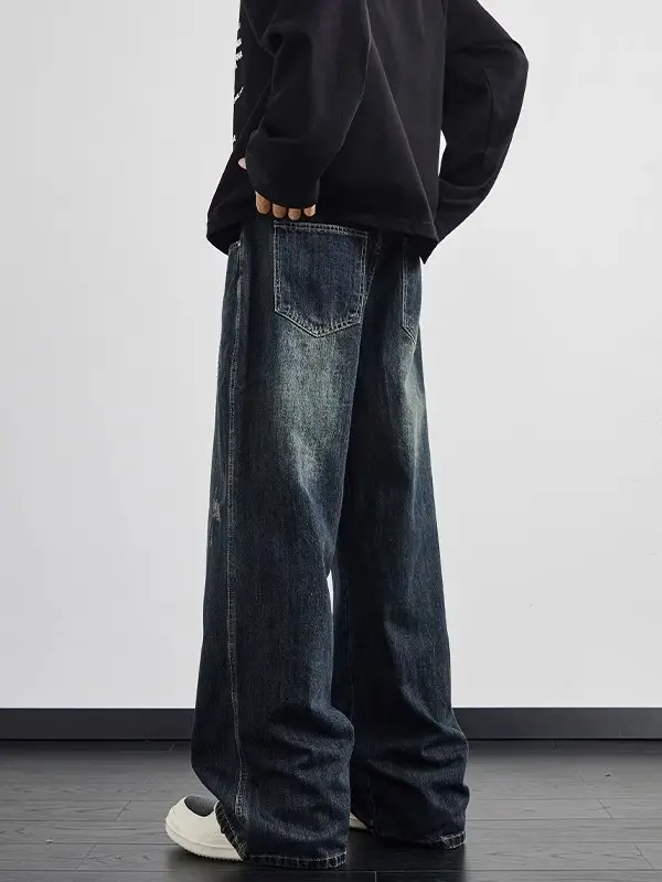 Dark Blue Wide Leg Jeans Men's Autumn Winter