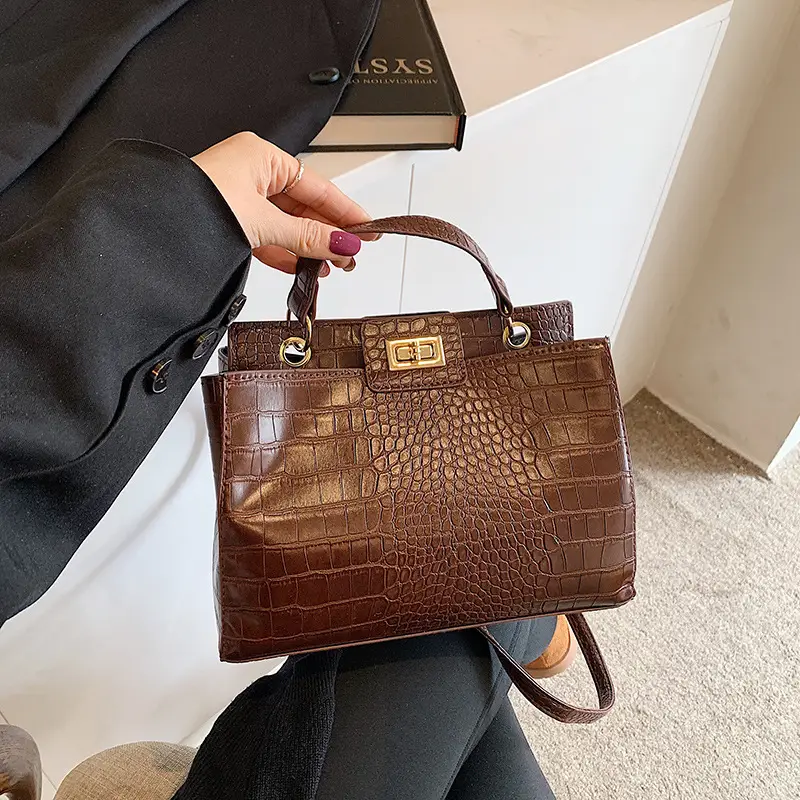 Brown Croc-Textured Shoulder Bag for Women 2026