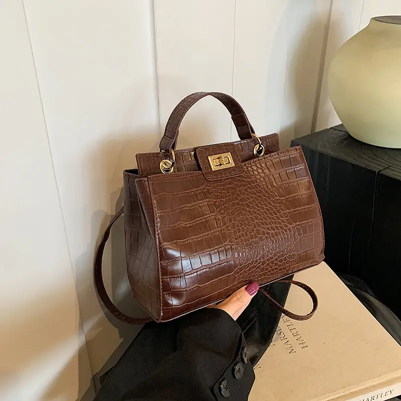 Brown Croc-Textured Shoulder Bag for Women 2026