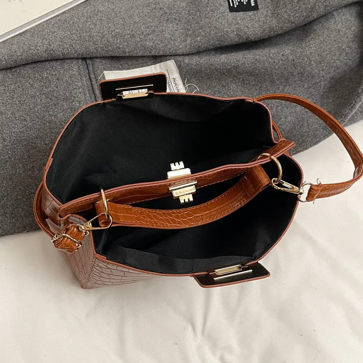 Brown Croc-Textured Shoulder Bag for Women 2026