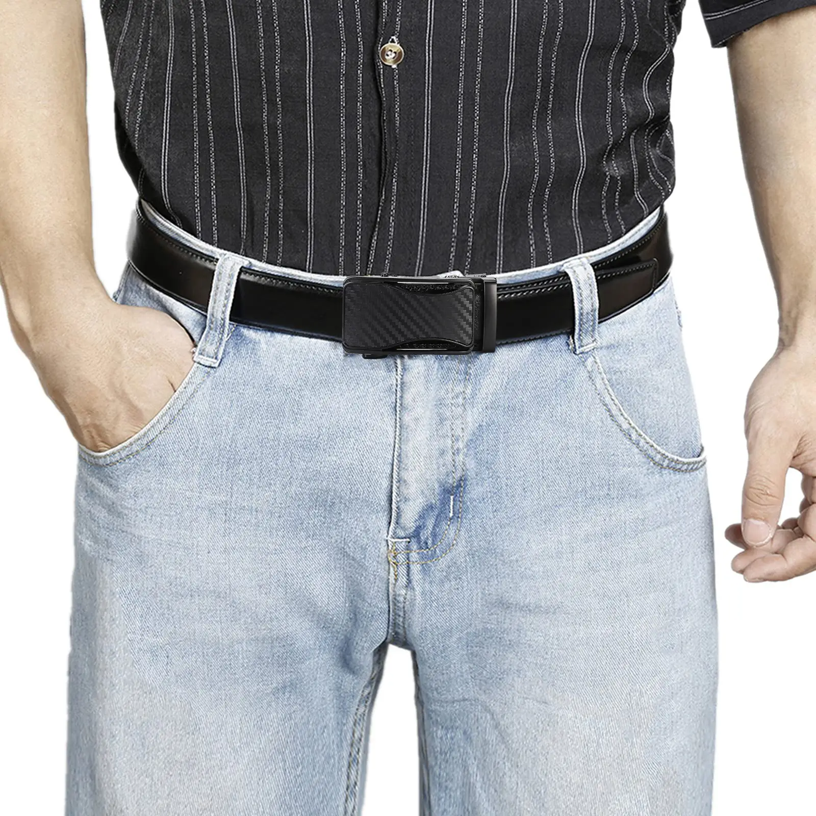 Men's Black Leather Belt with Automatic Buckle 110cm — feature 4