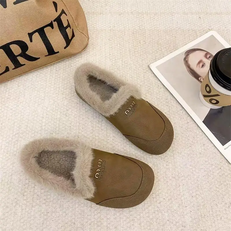 Soft-Soled Furry Birkenstock Shoes for Women, Cotton Shoes for Winter Outerwear, 2025 New Style, Warm, Retro, Fleece-Lined, Slip-On Loafers