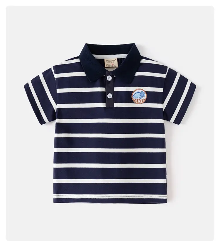 Summer Boys Striped Polo Shirt Blue White Kids Casual Top — feature 1