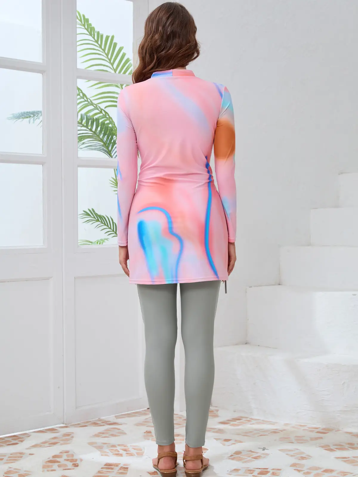 2024 Printed Muslim Swimsuit 3-Piece Pink Blue Hat - Image 6