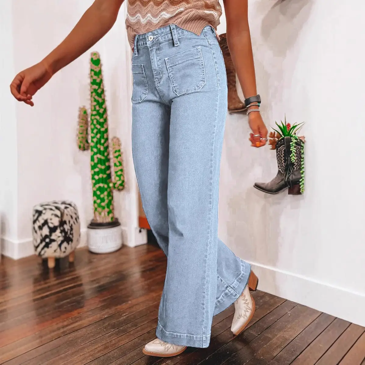 Women High Waist Wide Leg Jeans Light Blue Spring 2025