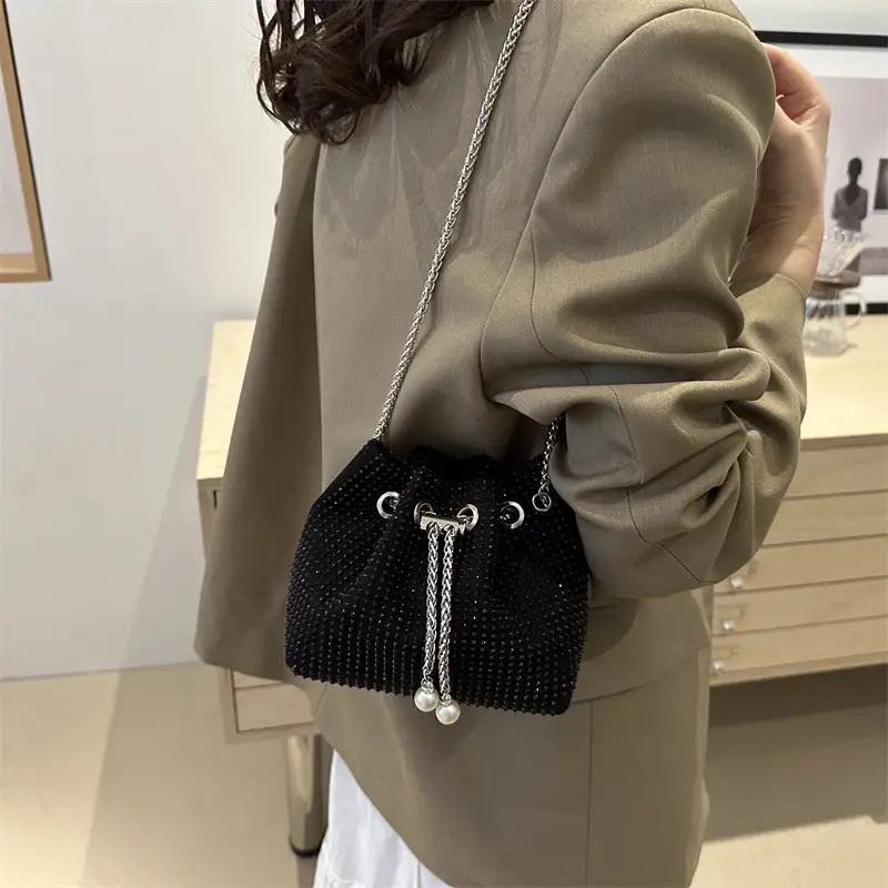 Full Diamond Chain Bucket Bag for Women Black