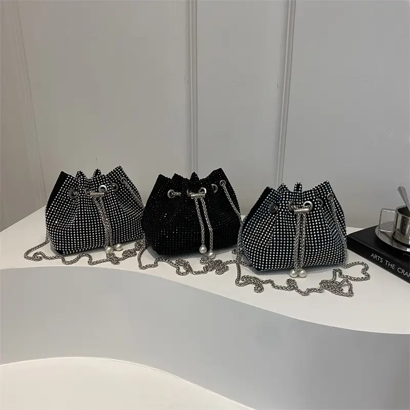 Full Diamond Chain Bucket Bag for Women Black