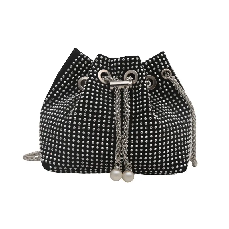Full Diamond Chain Bucket Bag for Women Black