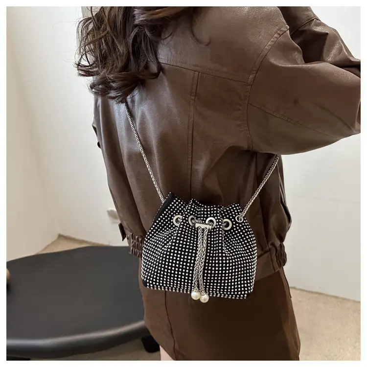 Full Diamond Chain Bucket Bag for Women Black — feature 11