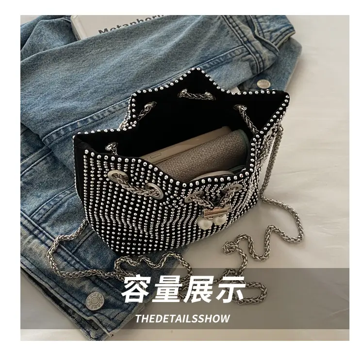 Full Diamond Chain Bucket Bag for Women Black — feature 6