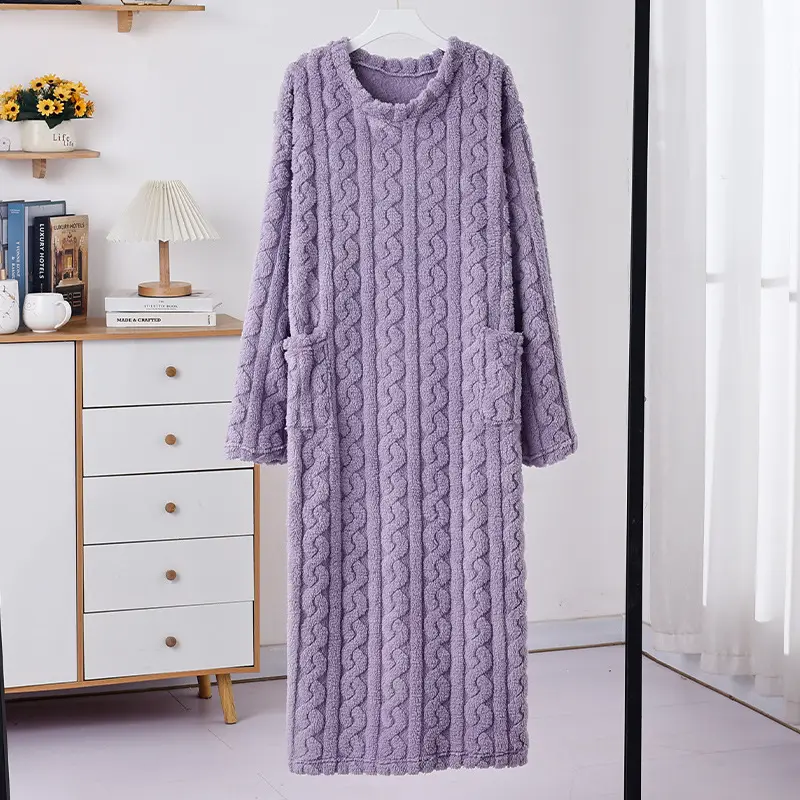 Nightgown Thickened Home Clothes Bathrobe Coral Fleece Nightgown Warm Pajamas Autumn and Winter Women's Long Long Sleeve Loose