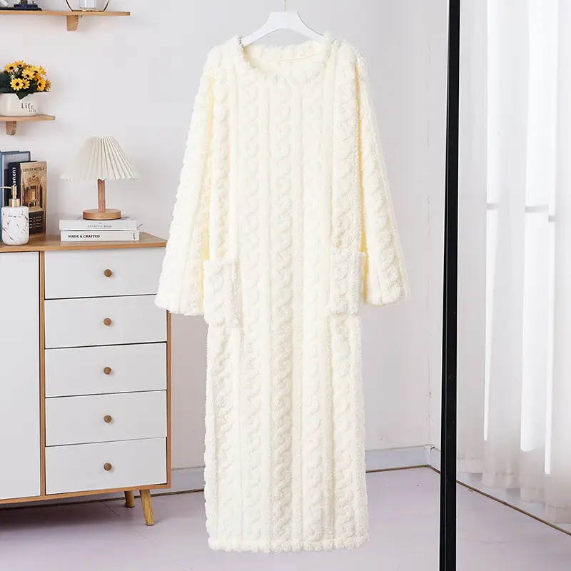 Nightgown Thickened Home Clothes Bathrobe Coral Fleece Nightgown Warm Pajamas Autumn and Winter Women's Long Long Sleeve Loose