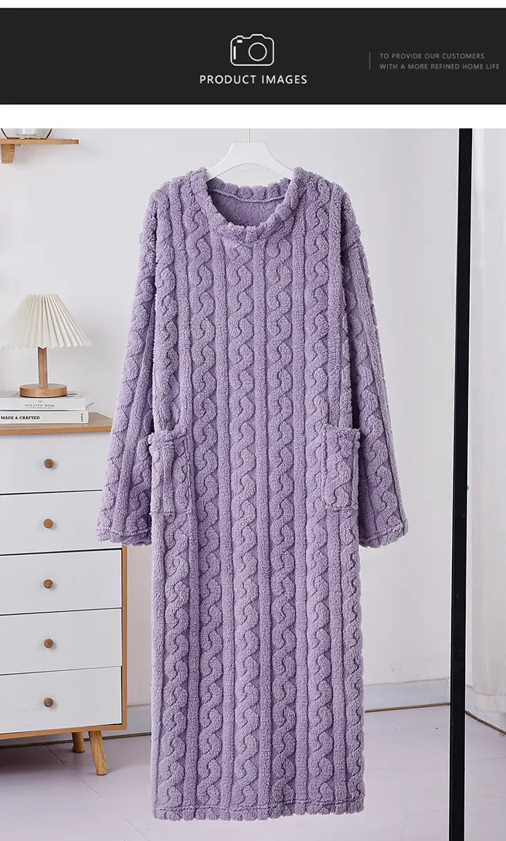 Nightgown Thickened Home Clothes Bathrobe Coral Fleece Nightgown Warm Pajamas Autumn and Winter Women's Long Long Sleeve Loose — feature 12