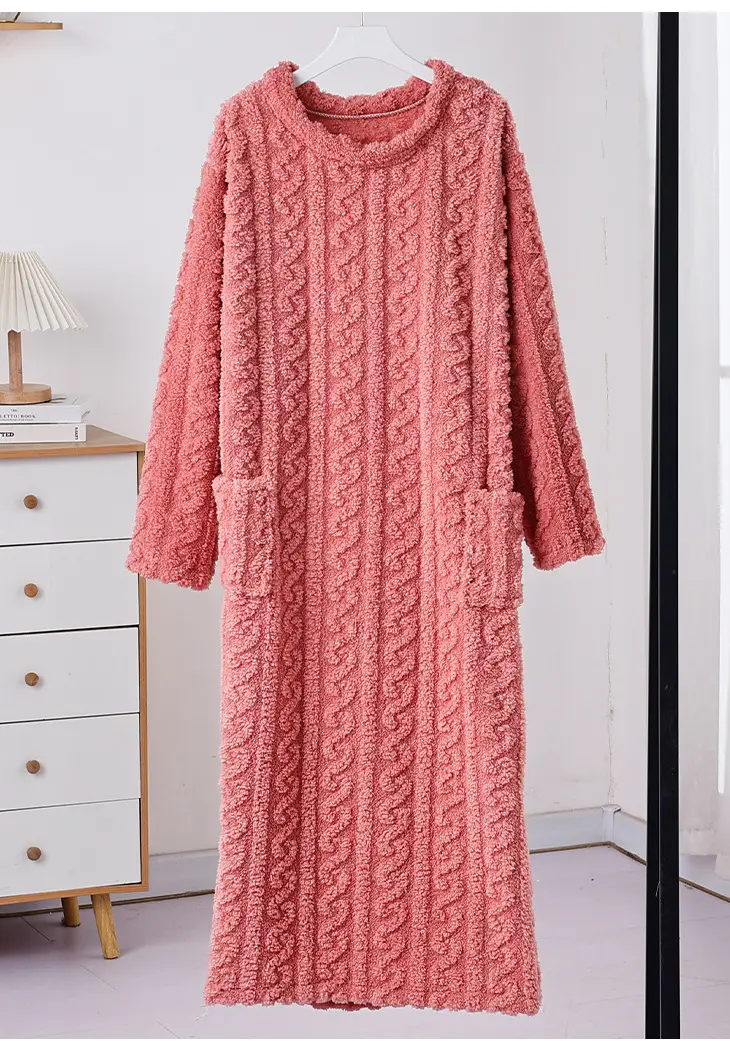 Nightgown Thickened Home Clothes Bathrobe Coral Fleece Nightgown Warm Pajamas Autumn and Winter Women's Long Long Sleeve Loose — feature 13